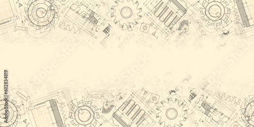 Mechanical engineering drawings on light background. Cutting tools, milling cutter. Technical Design. Cover. Blueprint. Seamless pattern. Vector illustration.