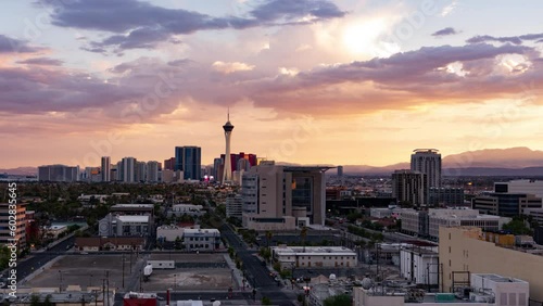 Las Vegas Sunset Skyline and Downtown Cityscape Time Lapse Pan L Nevada USA photo