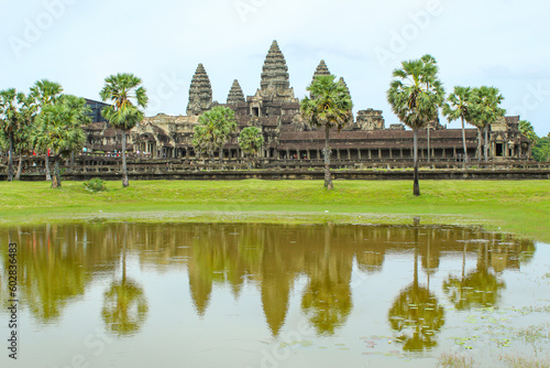 Angkor Wat temple reflecting in water of Lotus pond. Siem Reap. Cambodia. Panorama, copy space for text