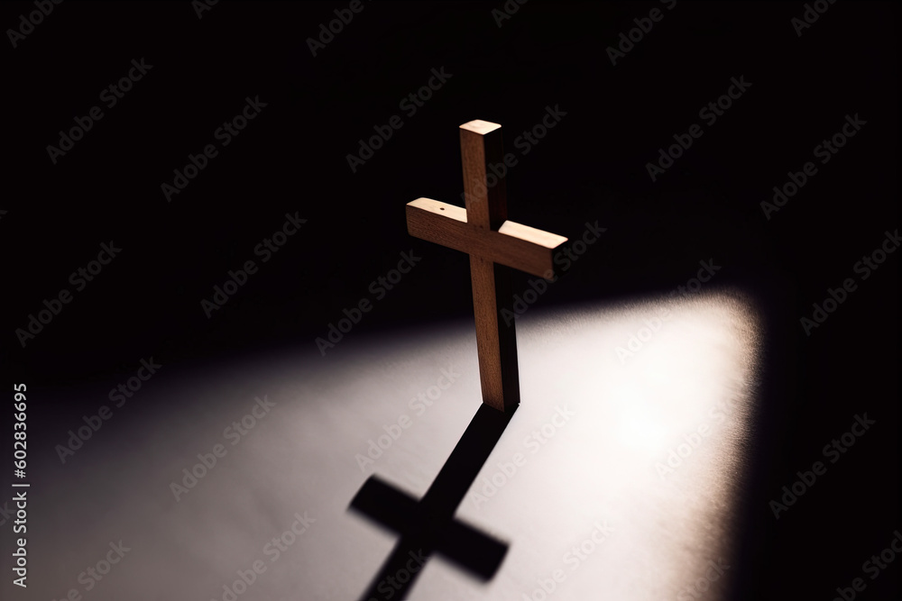 cross, wooden cross illuminated by a small light in the dark