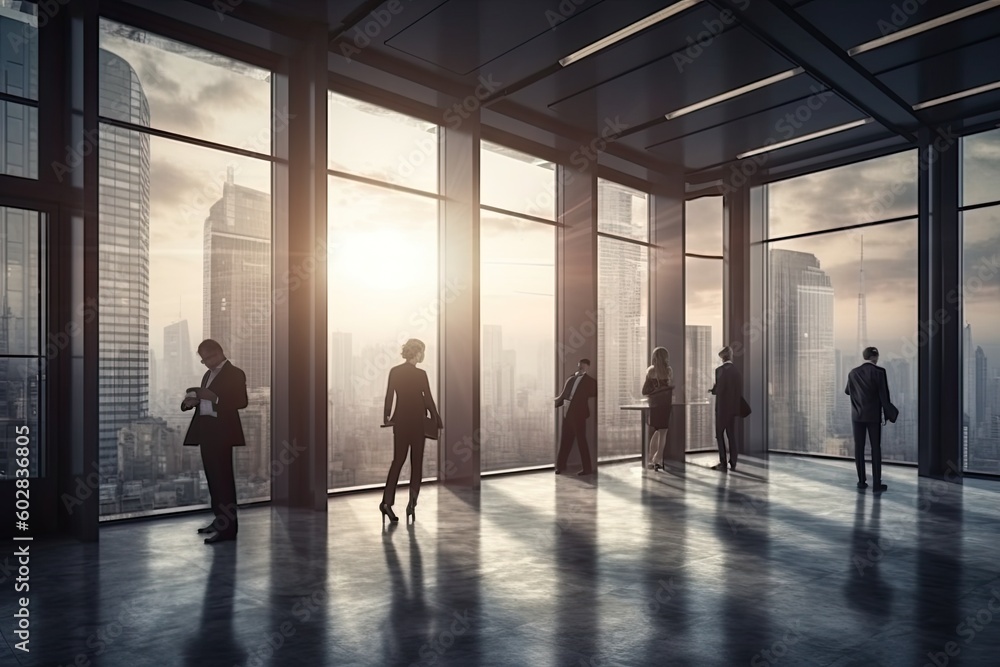 business people discussing business in the office view from outside the building