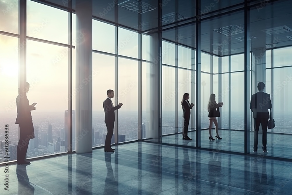 Fototapeta premium business people discussing business in the office view from outside the building