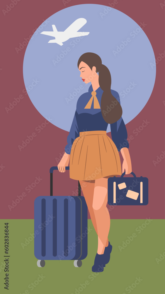 Young woman pulling dark blue suitcase and carrying hand luggage. Travel concept