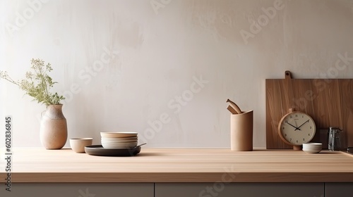 Interior of modern kitchen with white walls, wooden countertops, round wooden bowls with dried flowers and clocks. 3d rendering