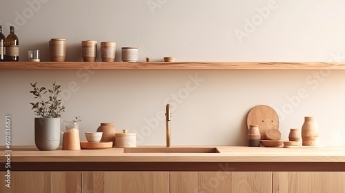 Interior of modern kitchen with white walls, wooden countertops, round wooden bowls with dried flowers and clocks. 3d rendering