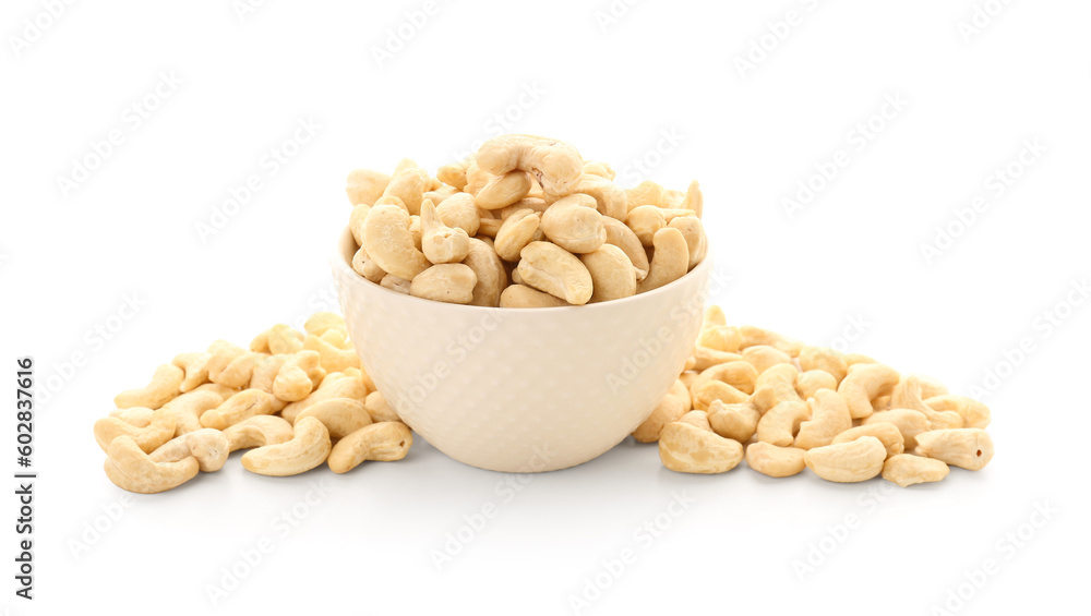 Bowl with tasty cashew nuts isolated on white background Bowl with tasty cashew nuts isolated on white background