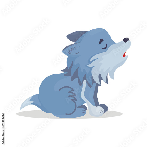 illustration of a cute little wolf sitting and howling at the moon, cartoon vector illustration. Isolated