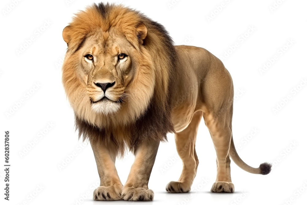 Lion - animal king isolated on white background. Photorealistic generative art. Lion - animal king isolated on white background. Photorealistic generative art.