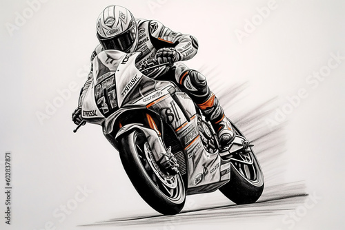 Moto GP Racer, abstract hand drawn portrait. Stunning sketch, smudge and spatter. Generative art.