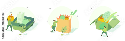 Grocery food isometric illustration set. Character buying fresh organic vegetables and other groceries, putting items in a shopping cart. Online supermarket concept. Vector illustration.