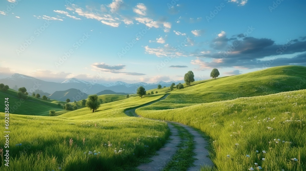 Fototapeta premium Picturesque winding path through a green grass field in hilly area in morning at dawn against blue sky with clouds. Natural panoramic spring summer