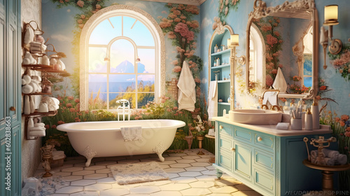Enchanted Wonderland: Dreamy Bathroom Design with Breathtaking Sunlight created with Generative AI technology