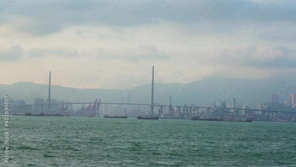 Hong Kong's Tsing Ma Bridge and surrounding wharf construction area buildings Hong Kong's Tsing Ma Bridge and surrounding wharf construction area buildings