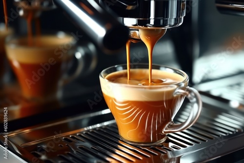 Coffee maker machine closeup  hot espresso pouring in a cup from a proffessional portafilter in a cafe shop Generative AI