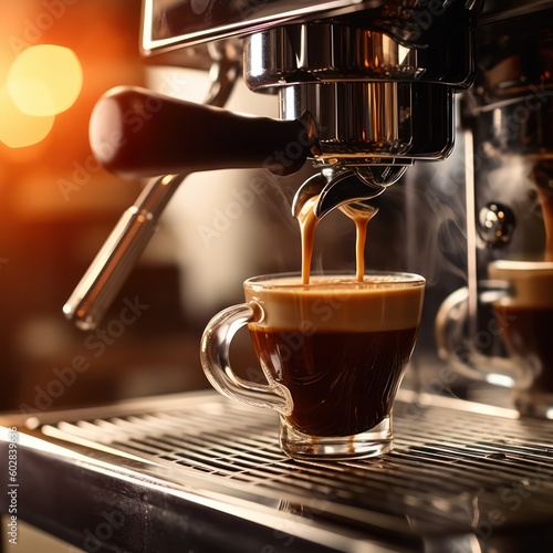 Coffee maker machine closeup, hot espresso pouring in a cup from a proffessional portafilter in a cafe shop Generative AI