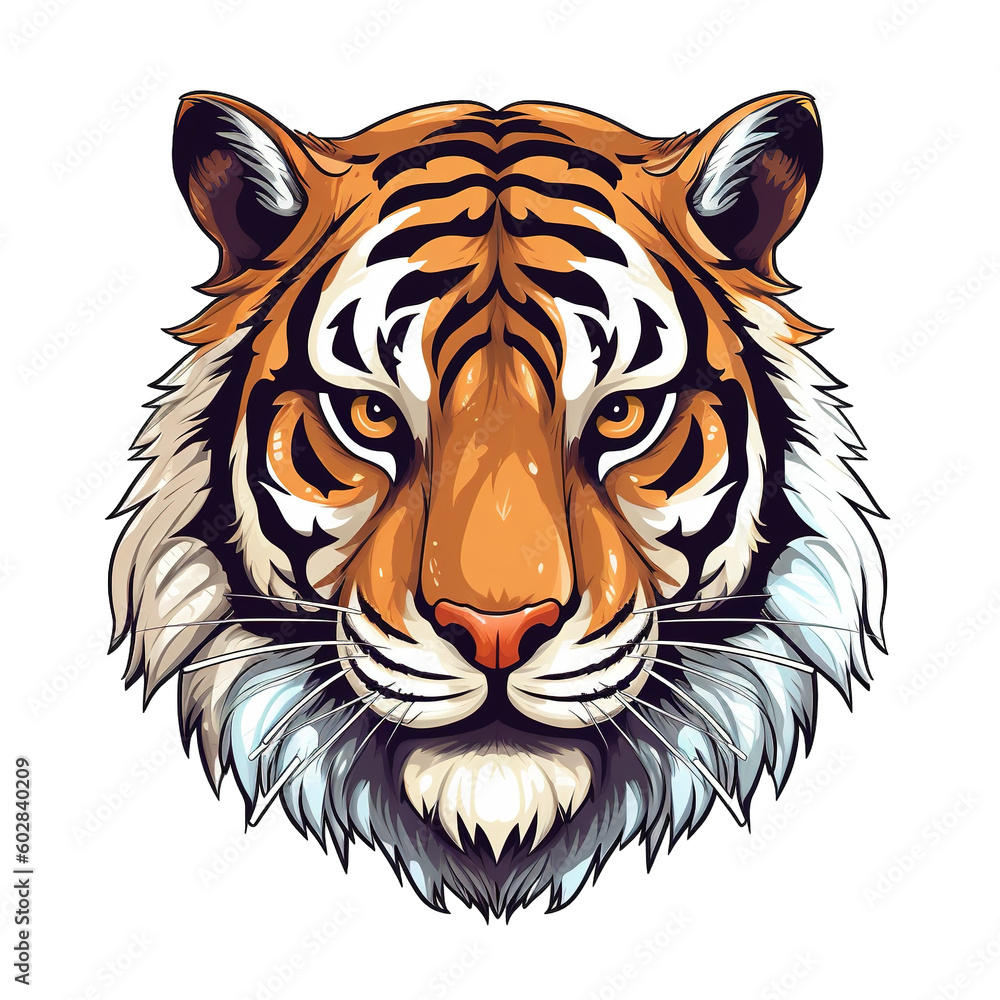 Fototapeta premium Tiger head, cartoon style, white isolated background PNG
