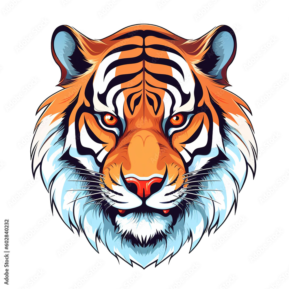 Tiger head, cartoon style, white isolated background PNG