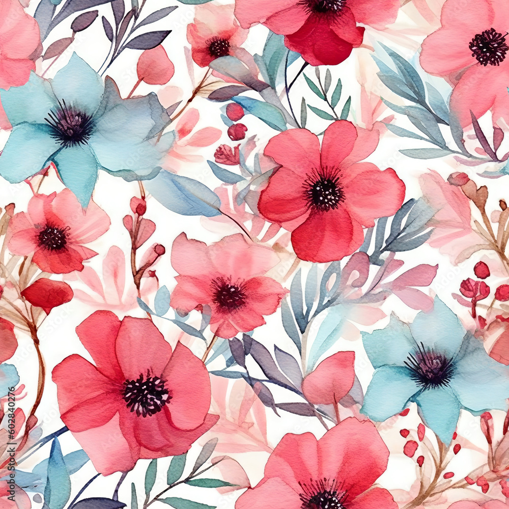 Vintage, Red and Pink, Blue Flowers. 