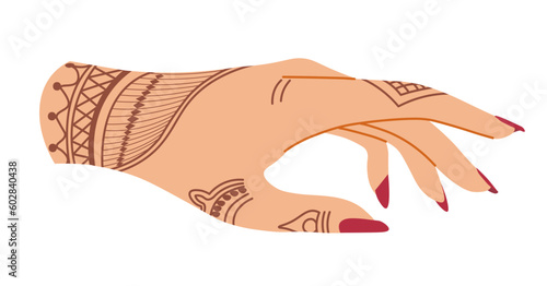 Hand with manicure and exotic henna drawing design