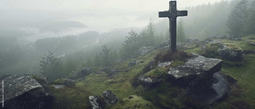 Age old eroded stone crosses and tombstones high above on misty mountain overlooking Scottish highlands, small memorial cemetery of fallen heroes - generative AI Age old eroded stone crosses and tombstones high above on misty mountain overlooking Scottish highlands, small memorial cemetery of fallen heroes - generative AI