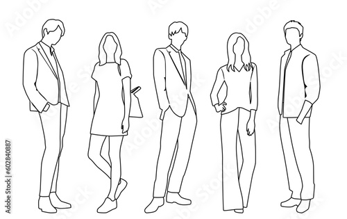 Vector silhouettes of  men and a women, a group of standing  business people,  linear sketch, black and white color isolated on white background