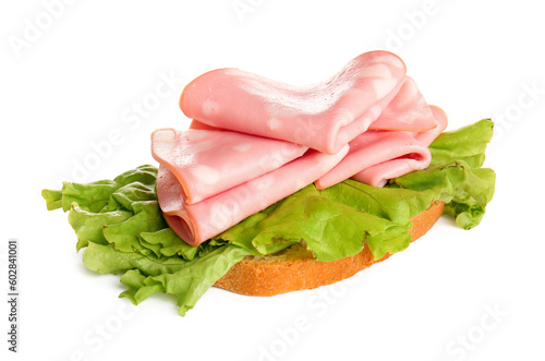 Sandwich with slices of tasty boiled sausage and lettuce on white background