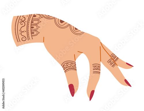 Hand of female character with henna tattoo vector