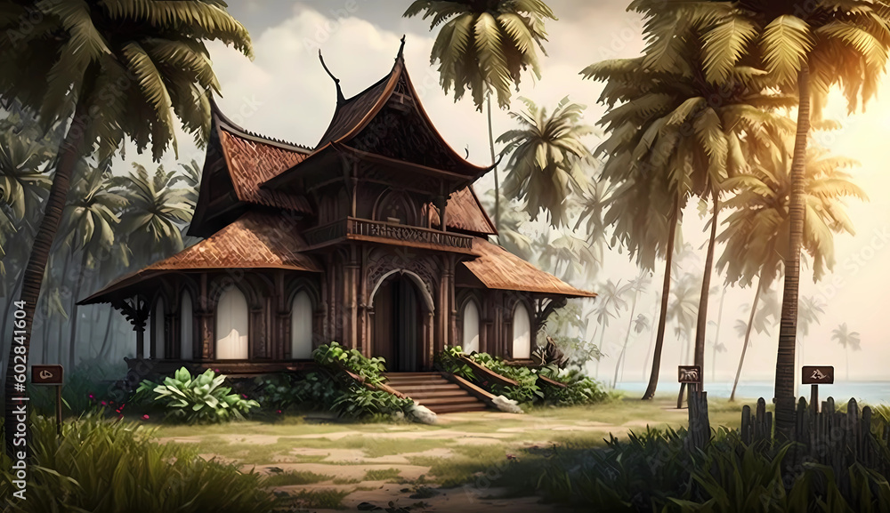 Wallpaper of a traditional Indonesian staged house stands amidst palm trees near a beach with intricate details that reflect the rich cultural heritage of Indonesia