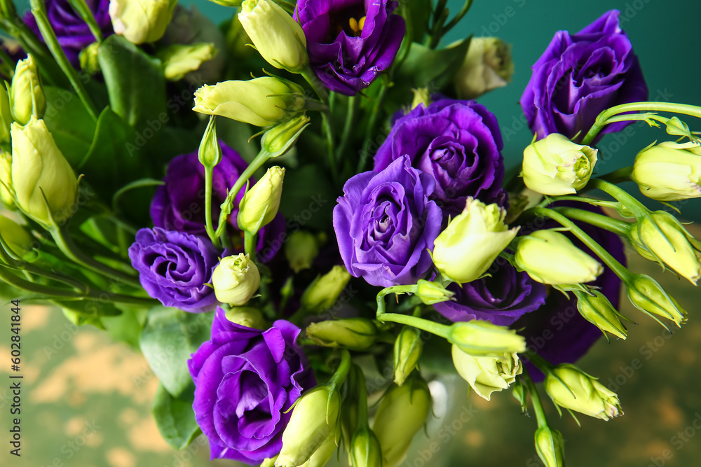 Eustoma flowers on green background, closeup Eustoma flowers on green background, closeup
