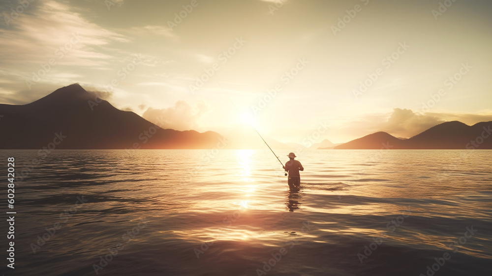 Young man flyfishing at sunrise. Generative ai
