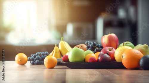 Fresh fruit in the kitchen on a wooden table. Generative ai.