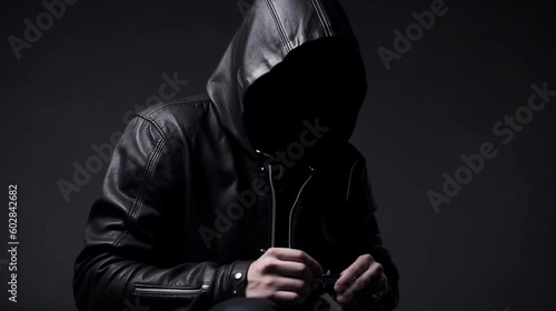 Hacker in front of his computer. Dark face. Generative ai © alexkich