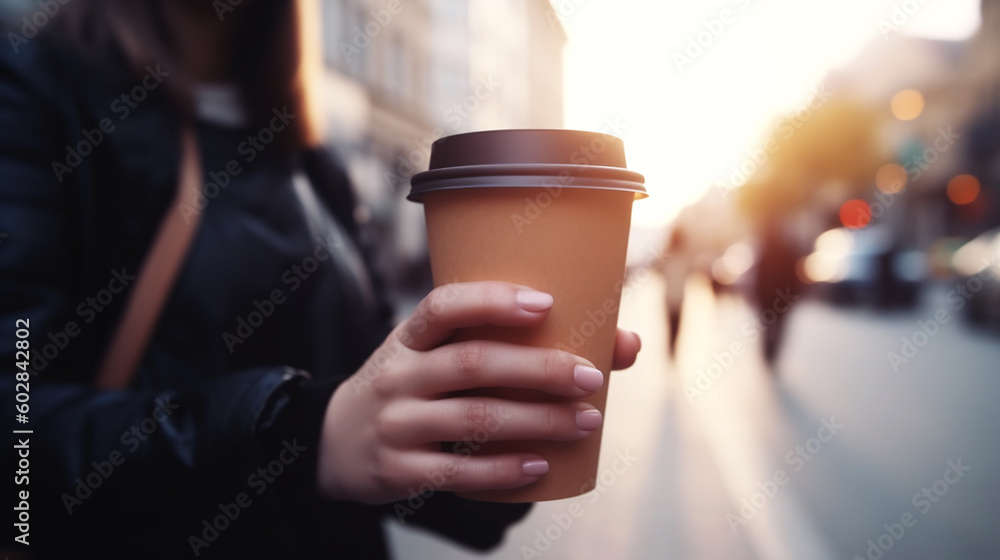Female hand with paper cup of coffee take away. Generative ai. Female hand with paper cup of coffee take away. Generative ai.