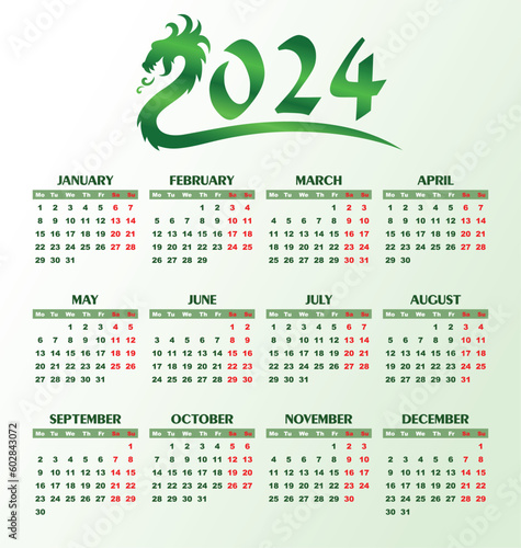 A green calendar template for a year 2024 with dragon.