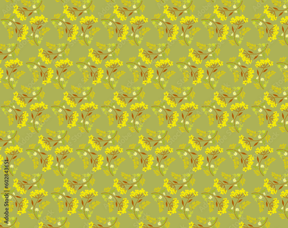 Summer autumn botanical natural fabric pattern wild herbs grasses flowers leaves on olive green background