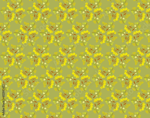 Summer autumn botanical natural fabric pattern wild herbs grasses flowers leaves on olive green background