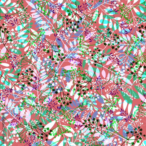 Botanical fabric seamless pattern Delicate pastel wild herbs grasses leaves flowers on a pink background