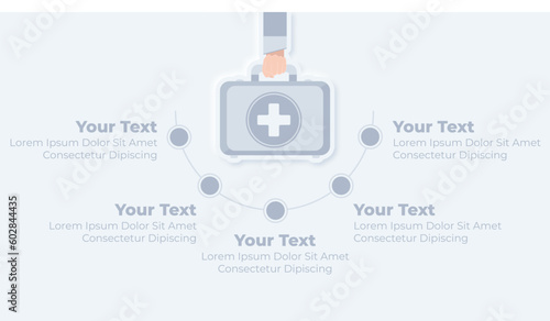 Neumorphic medical health care and doctor first aid bag infographic presentation template