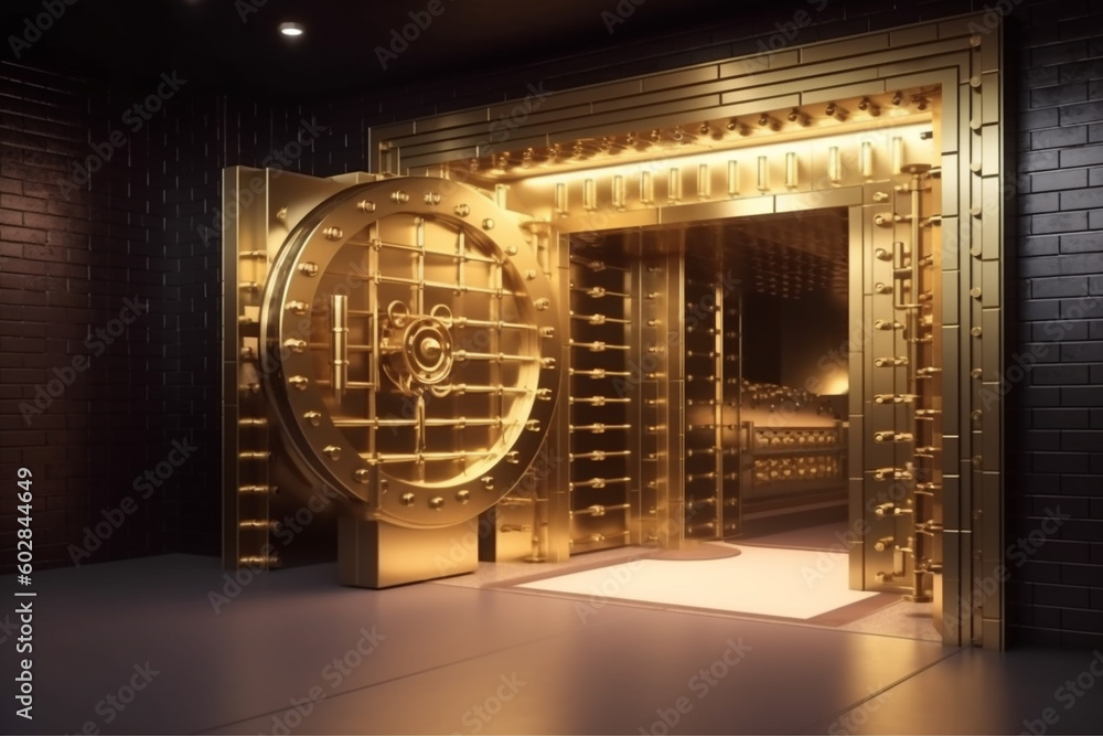 Inside the golden bank vault with open door. Vault for gold, currency