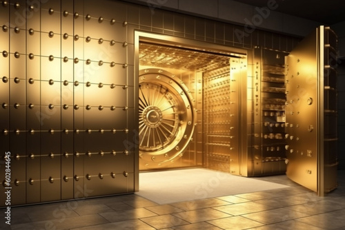 Inside the golden bank vault with open door. Vault for gold, currency, jewelry storage. Generative AI
