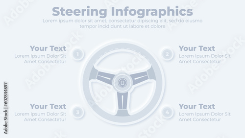 Neumorphic car steering wheel infographic presentation template