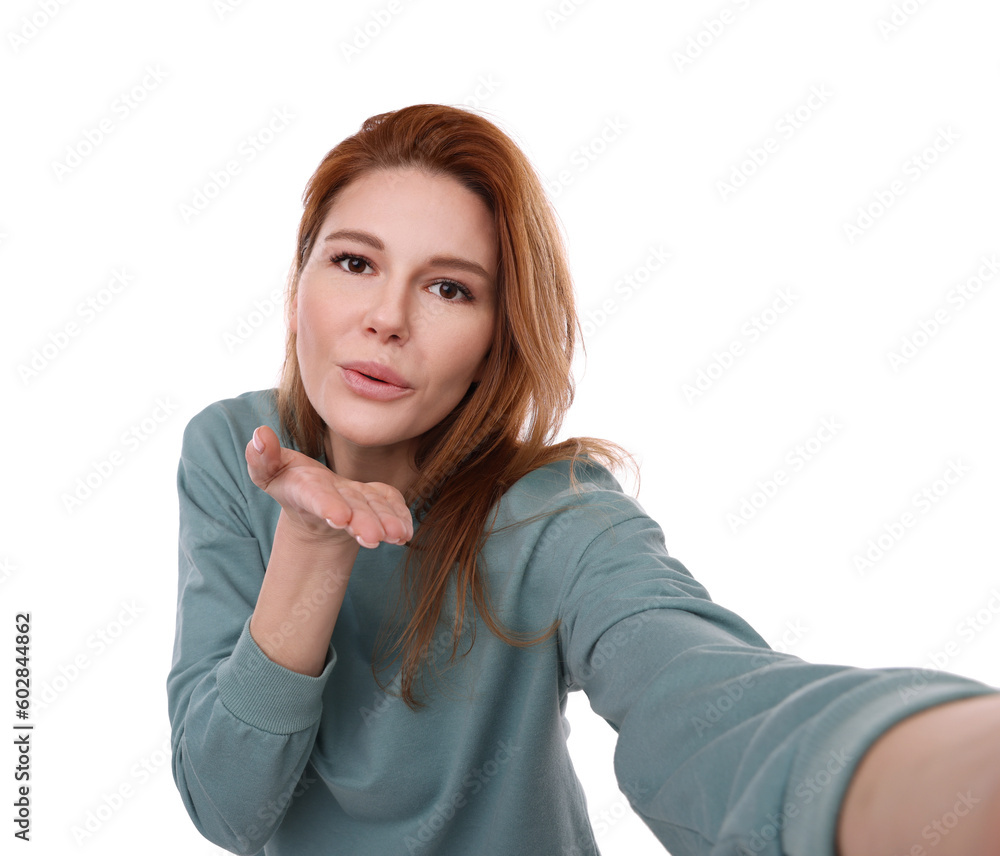 Beautiful woman taking selfie on white background Beautiful woman taking selfie on white background