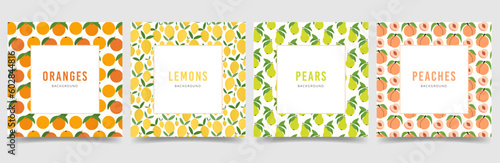 Set of tropical fruits pattern backgrounds. Square card design with Oranges, Lemons, Pears, Peaches. Healthy vegetarian food wallpaper templates. Flat colorful vector illustration for market, shop