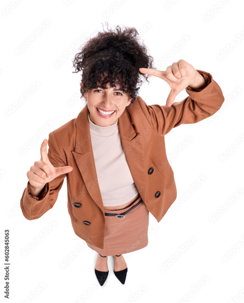 Beautiful businesswoman in suit on white background, above view Beautiful businesswoman in suit on white background, above view