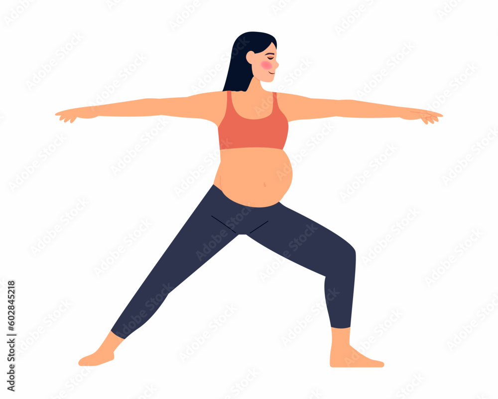 Pregnant woman practice yoga exercise, stand in warrior Pose Concept yoga, meditation, relax, health, pregnancy, motherhood. Flat vector illustration.