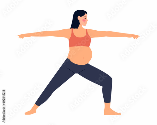 Pregnant woman practice yoga exercise, stand in warrior Pose Concept yoga, meditation, relax, health, pregnancy, motherhood. Flat vector illustration.