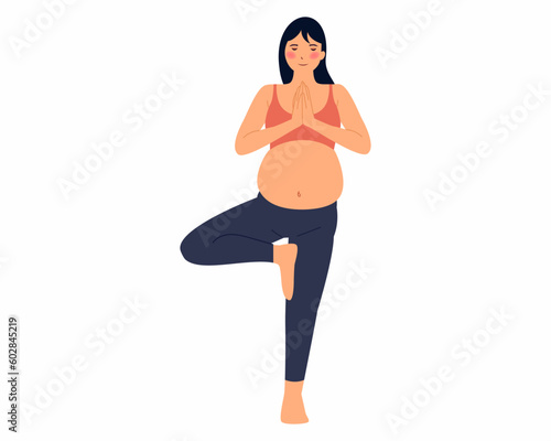 Pregnant woman practice yoga exercise, stand in Tree Pose Concept yoga, meditation, relax, health, pregnancy, motherhood. Flat vector illustration.