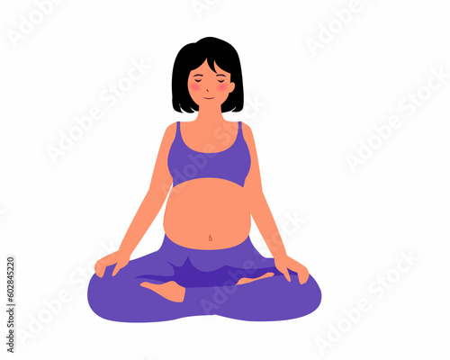 Pregnant woman meditating, sitting in yoga pose with legs crossed Concept yoga, meditation, relax, health, pregnancy, motherhood. Flat vector illustration.