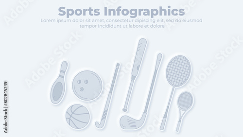 Neumorphic indoor and outdoor sports equipment infographic template