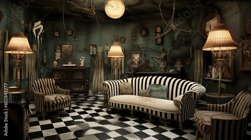 Darkly Delightful: Living Room Transformed with Eccentric Fantasy Vibes created with Generative AI technology